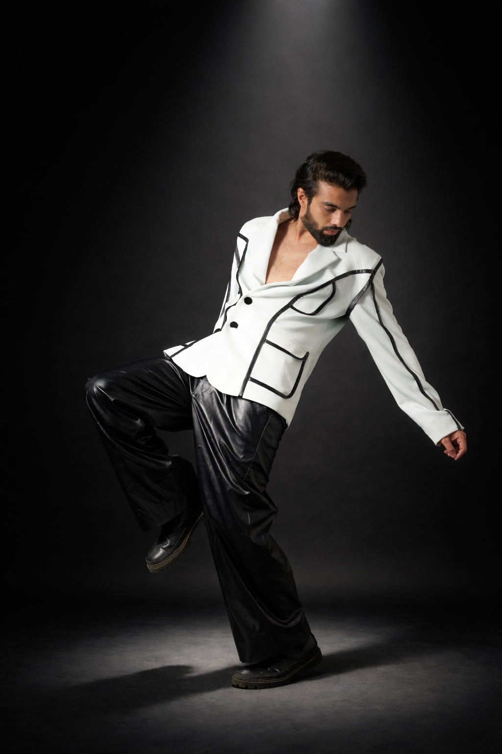 White scooba blazer with rexin pants