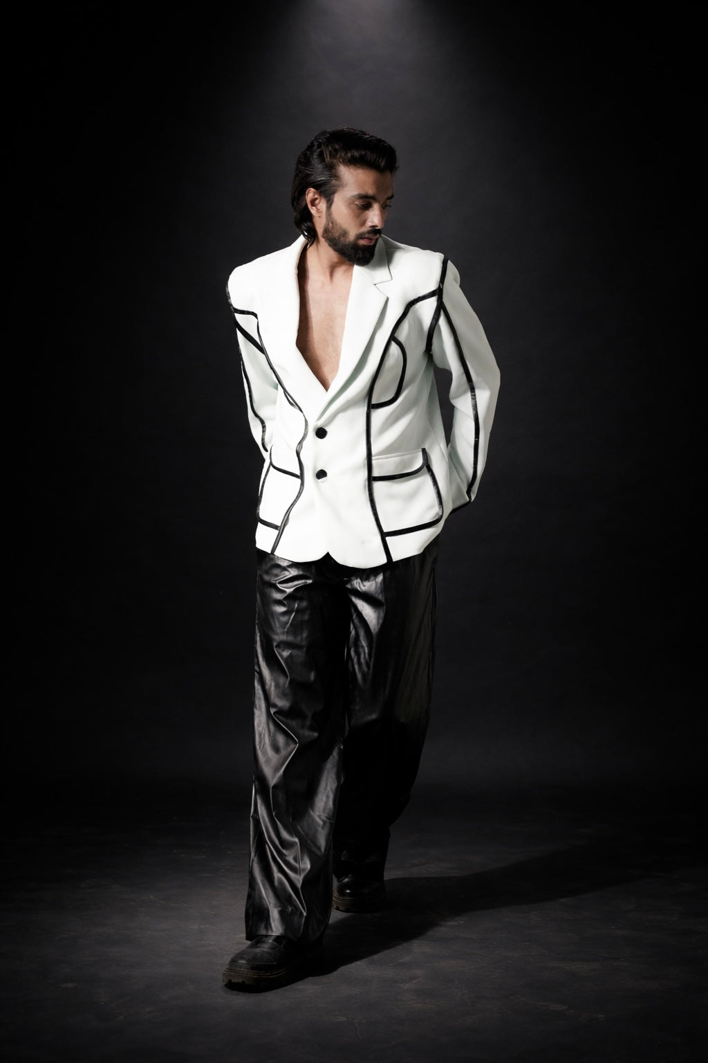 White scooba blazer with rexin pants
