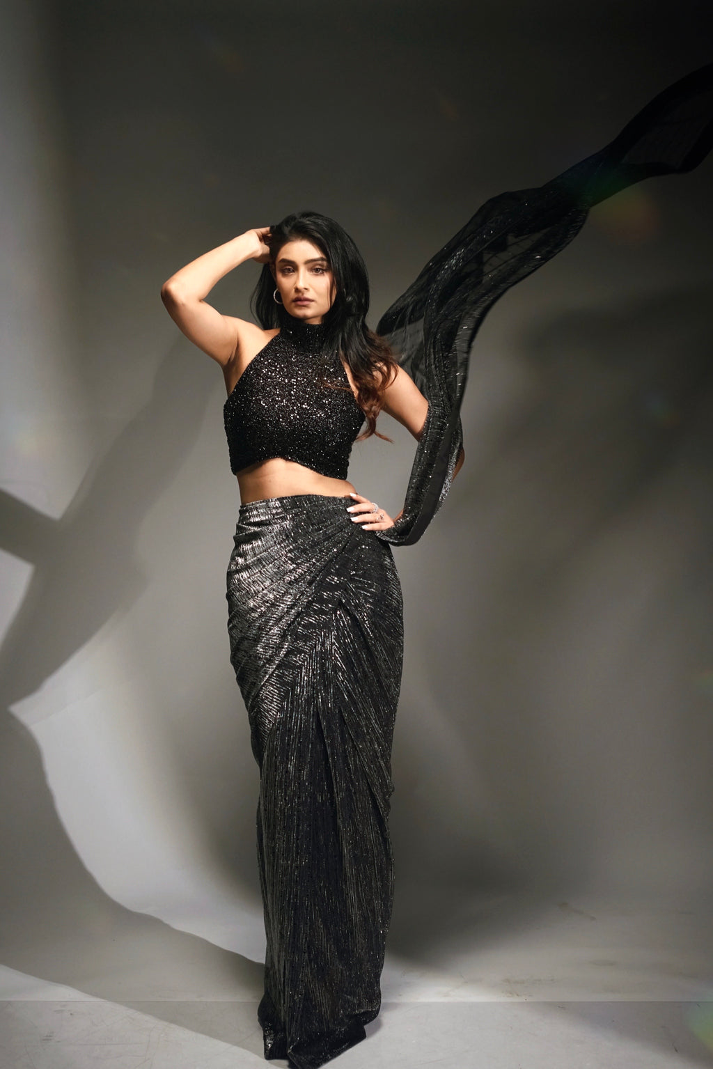 Black Pre Pleated sari